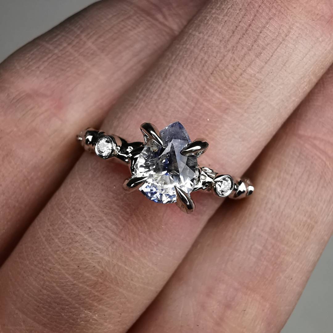 White Gold Signature Ring With Sapphire & Diamonds