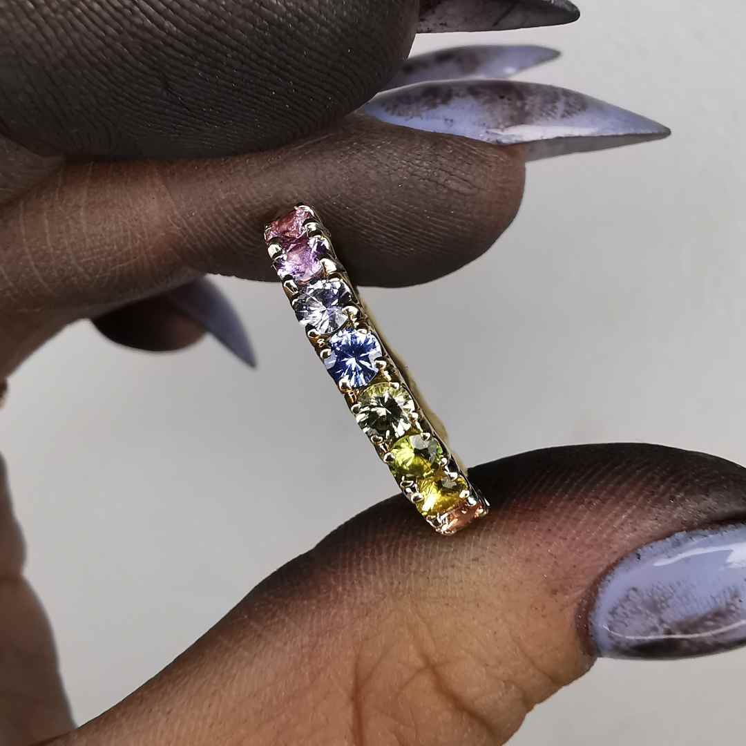 Yellow Gold 1/2 Eternity Ring With Natural Colourful 3mm Sapphires