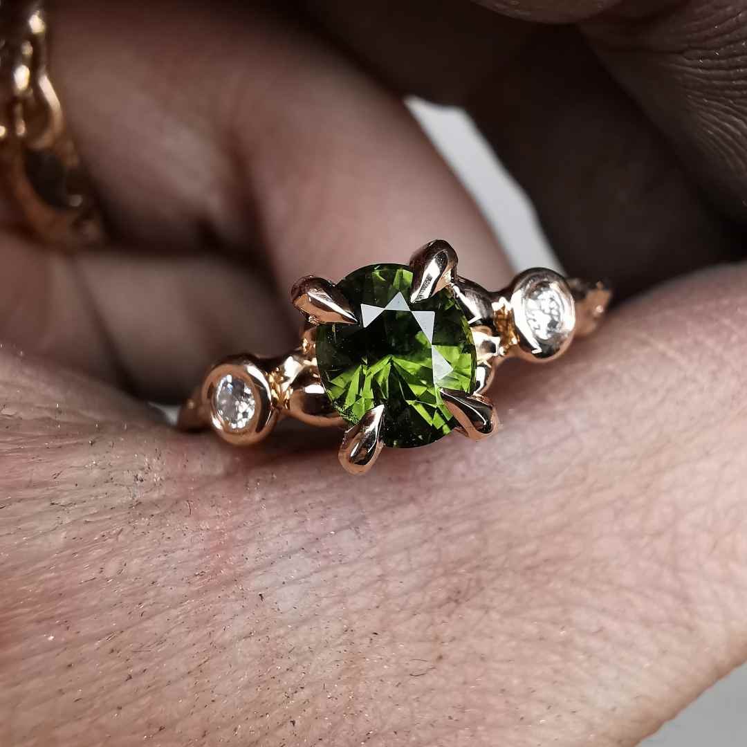 Rose Gold Signature Ring With Green Sapphire & Diamonds