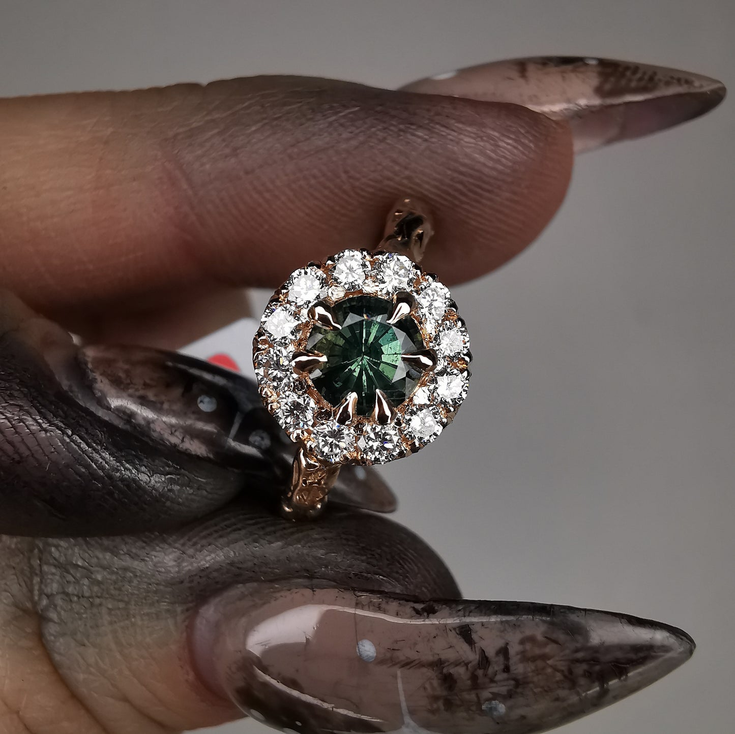 Sparkle Around Antique Rose Gold Ring With Sapphire And Lab. Diamonds