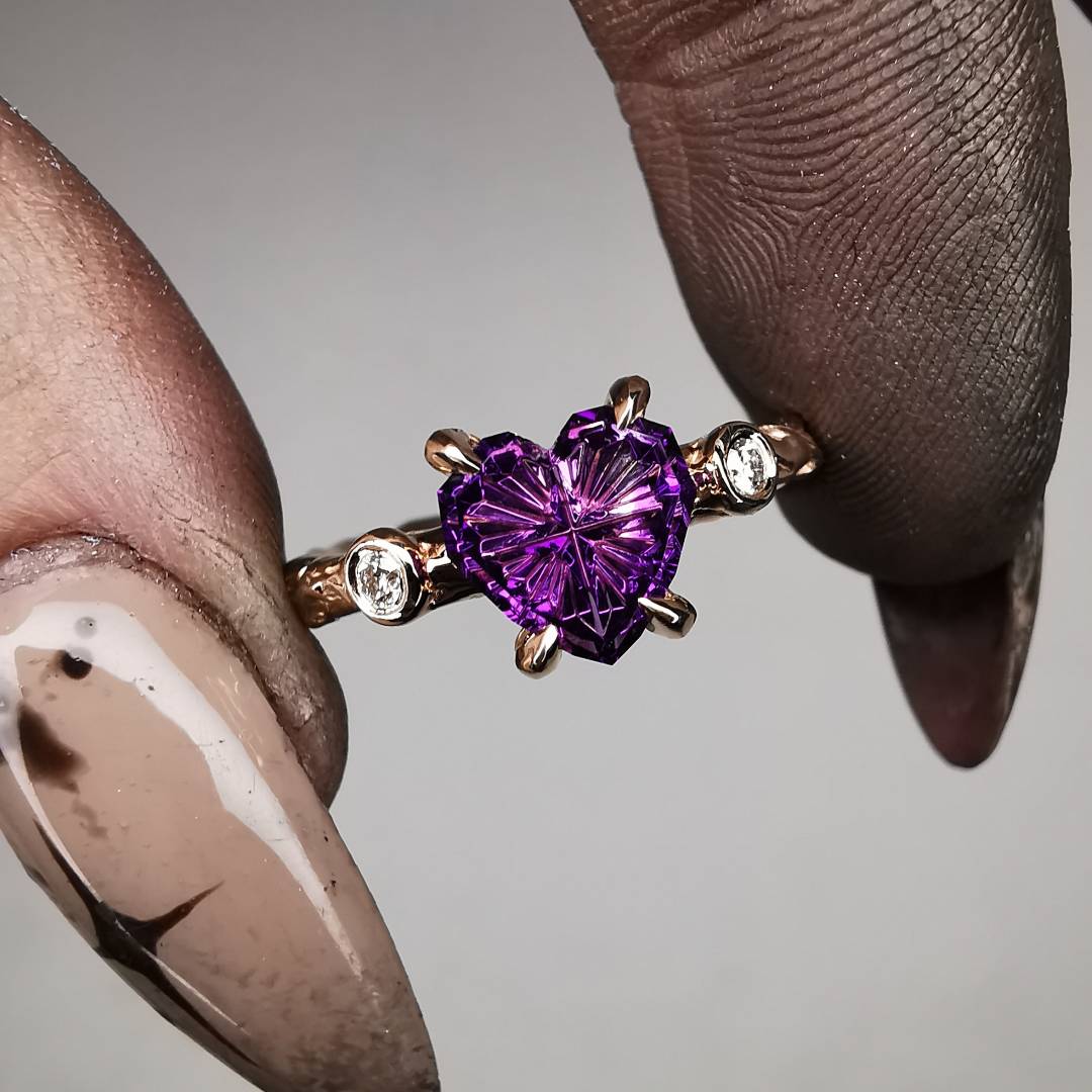 Rose Gold Signature Ring With Arizona Amethyst and 2mm Natural Diamonds