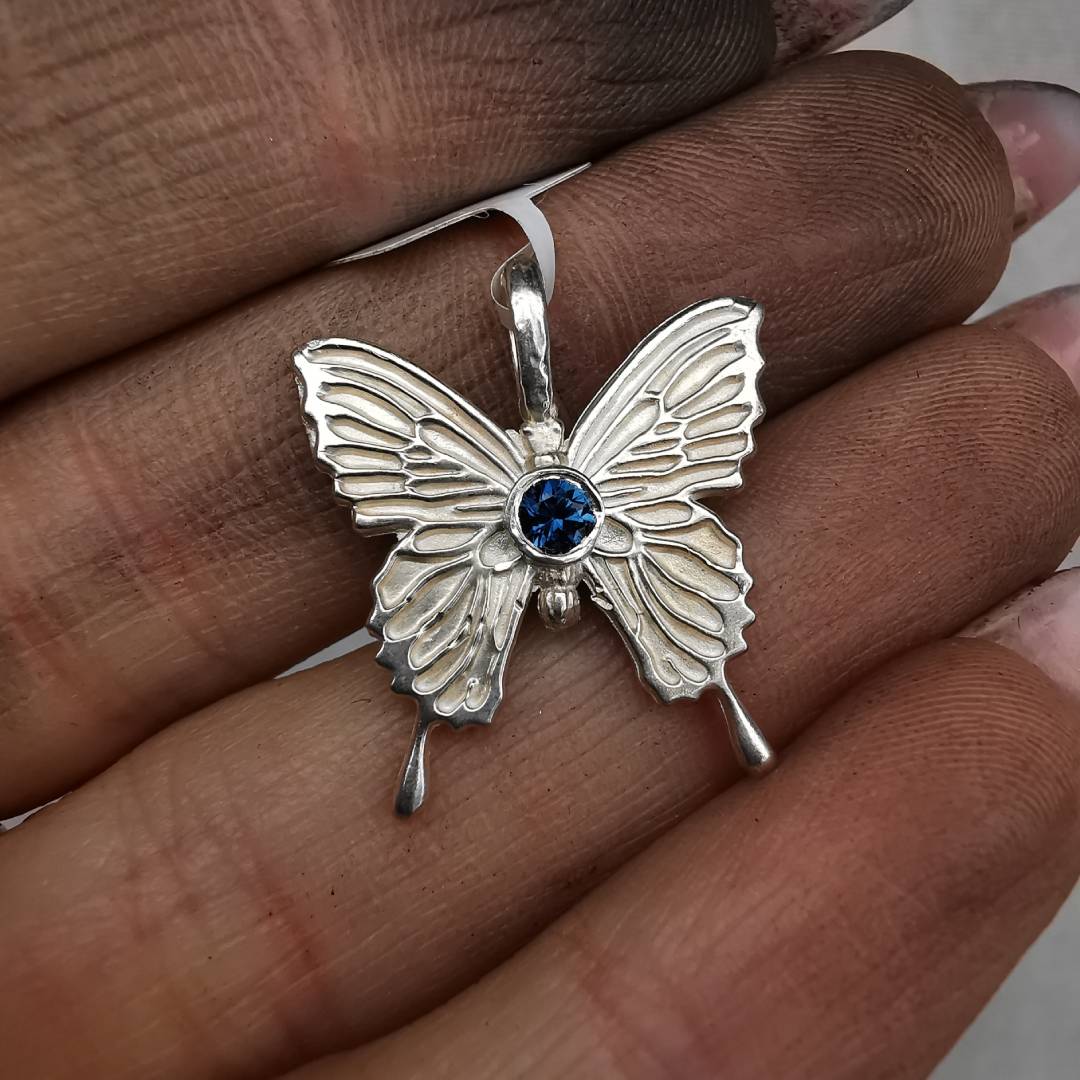 Silver Butterfly Pendant With Sapphire