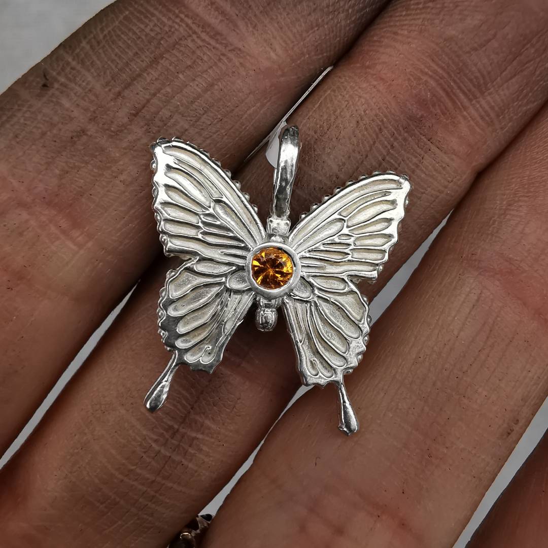Silver Butterfly Pendant With Sapphire