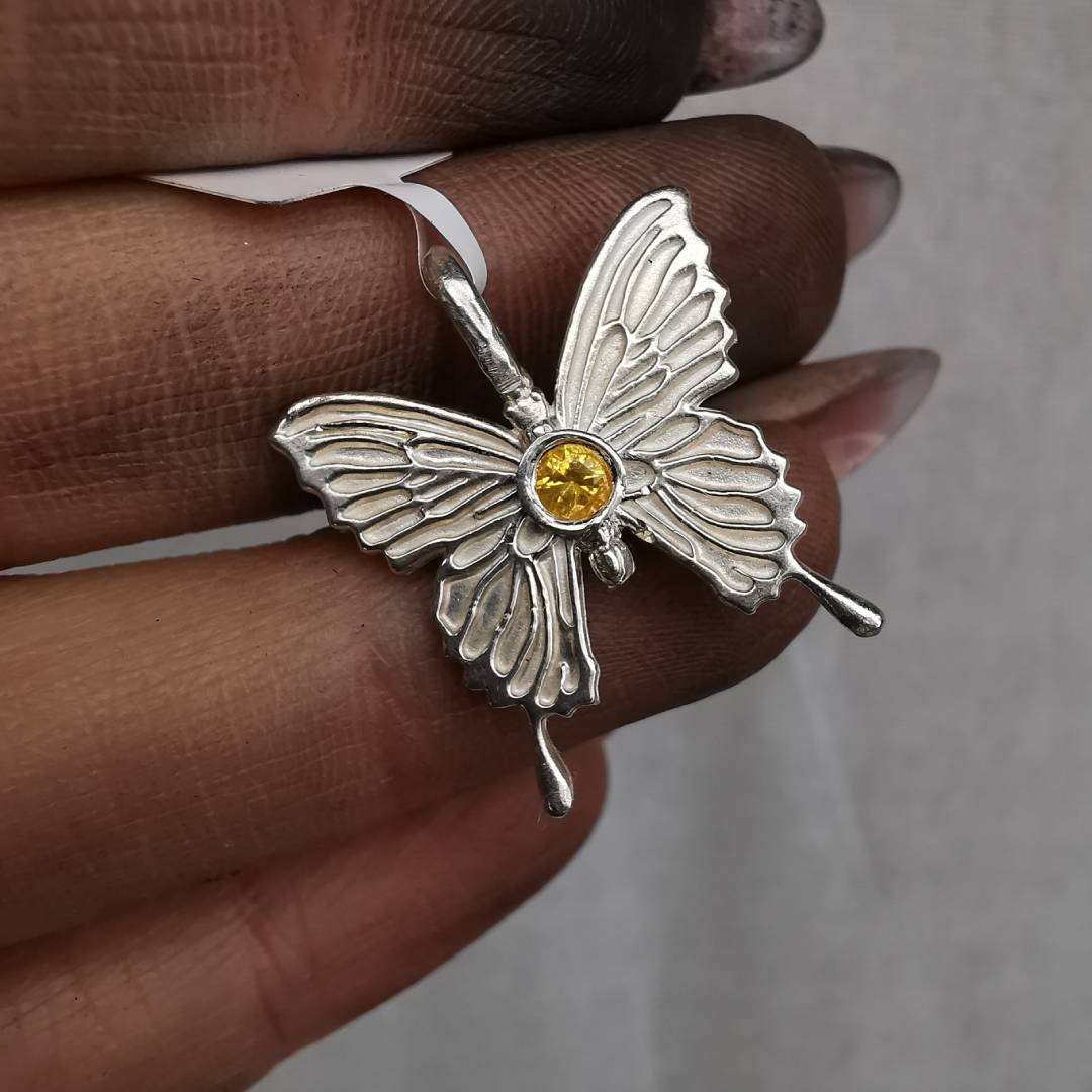 Silver Butterfly Pendant With Sapphire