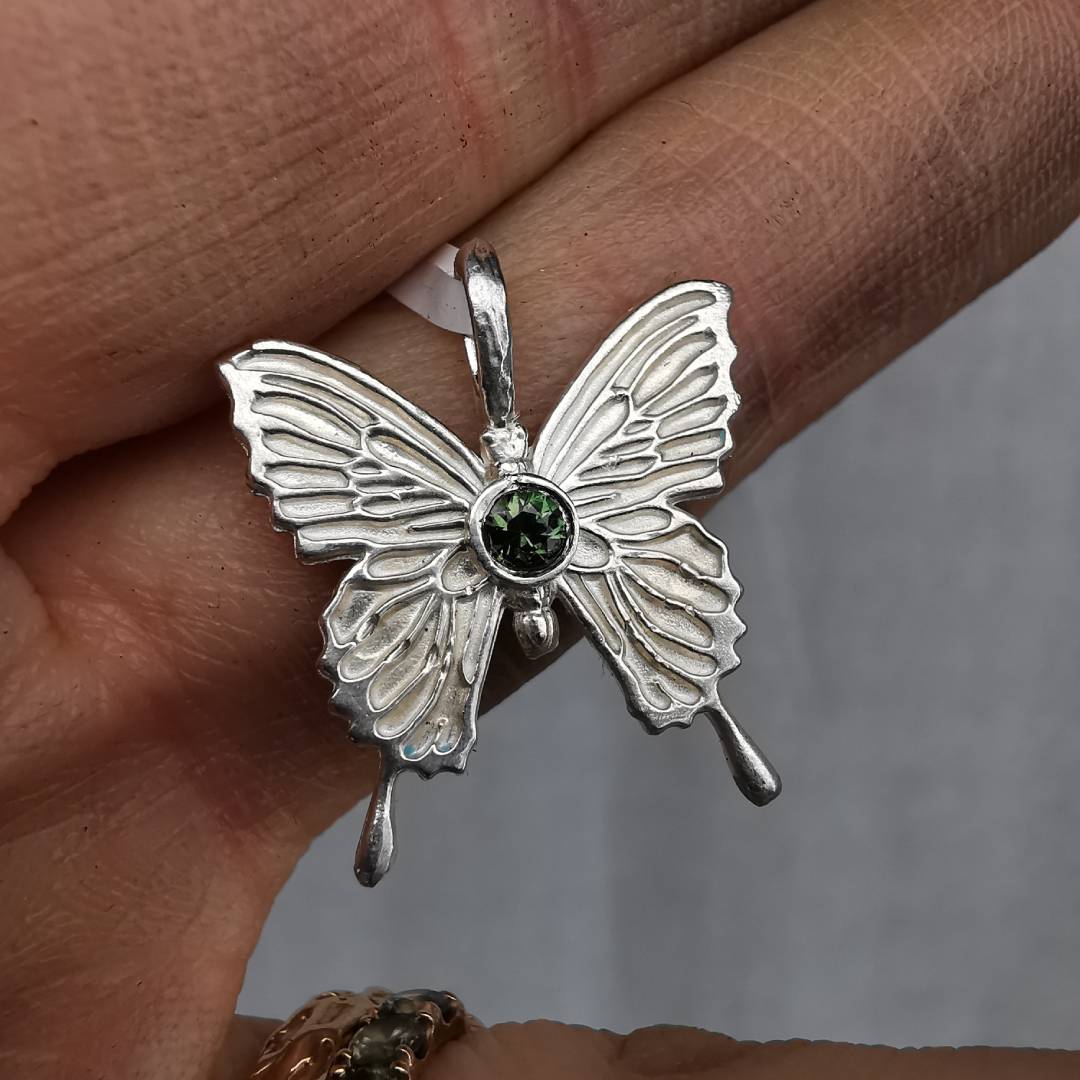 Silver Butterfly Pendant With Sapphire
