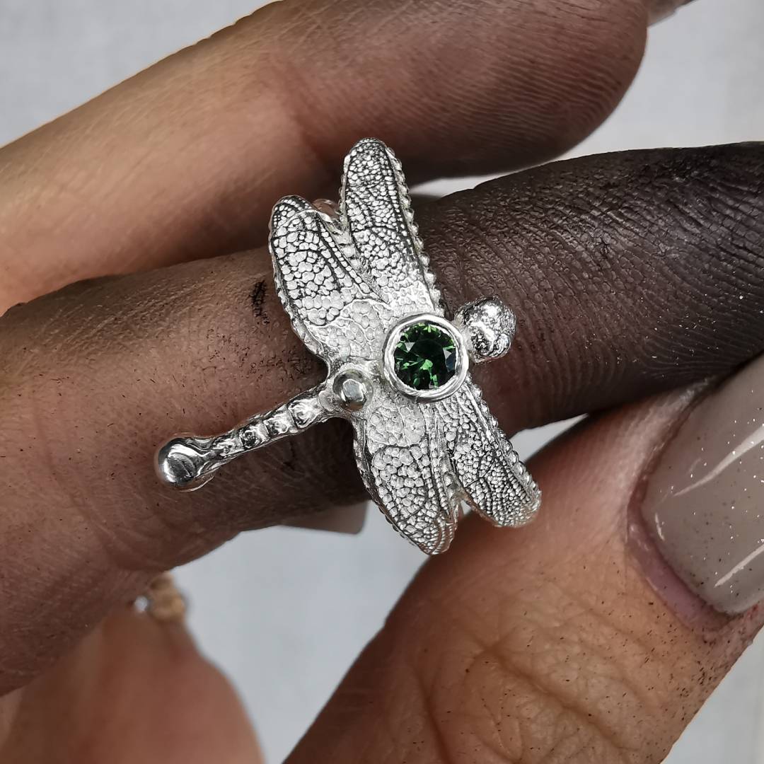 Silver Dragonfly Ring With Sapphire