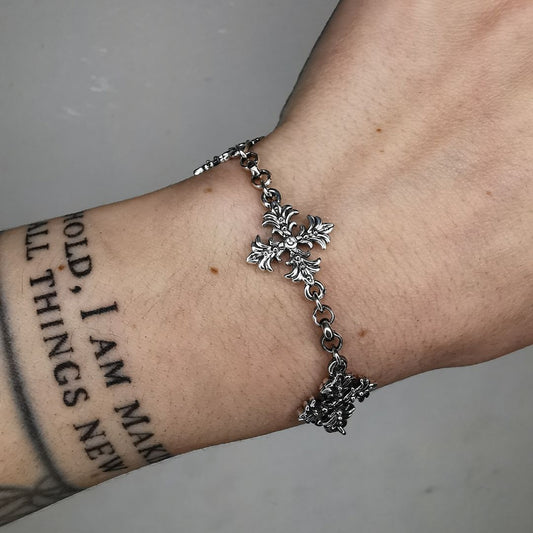 CUSTOM “ Fleury Cross “ Oxidised Silver Bracelet
