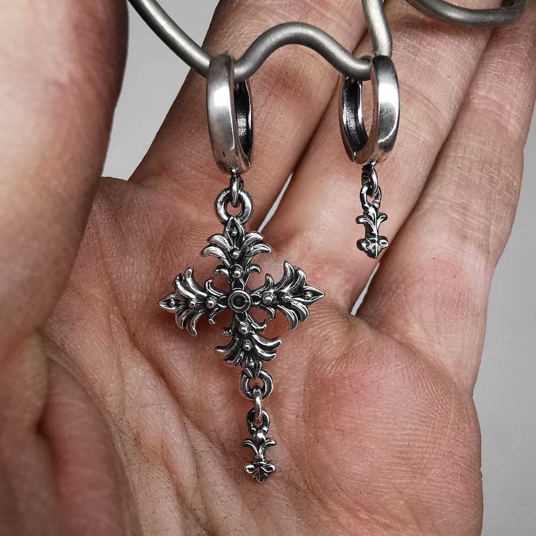 “ Fleury Cross “ Oxidized Silver Earrings