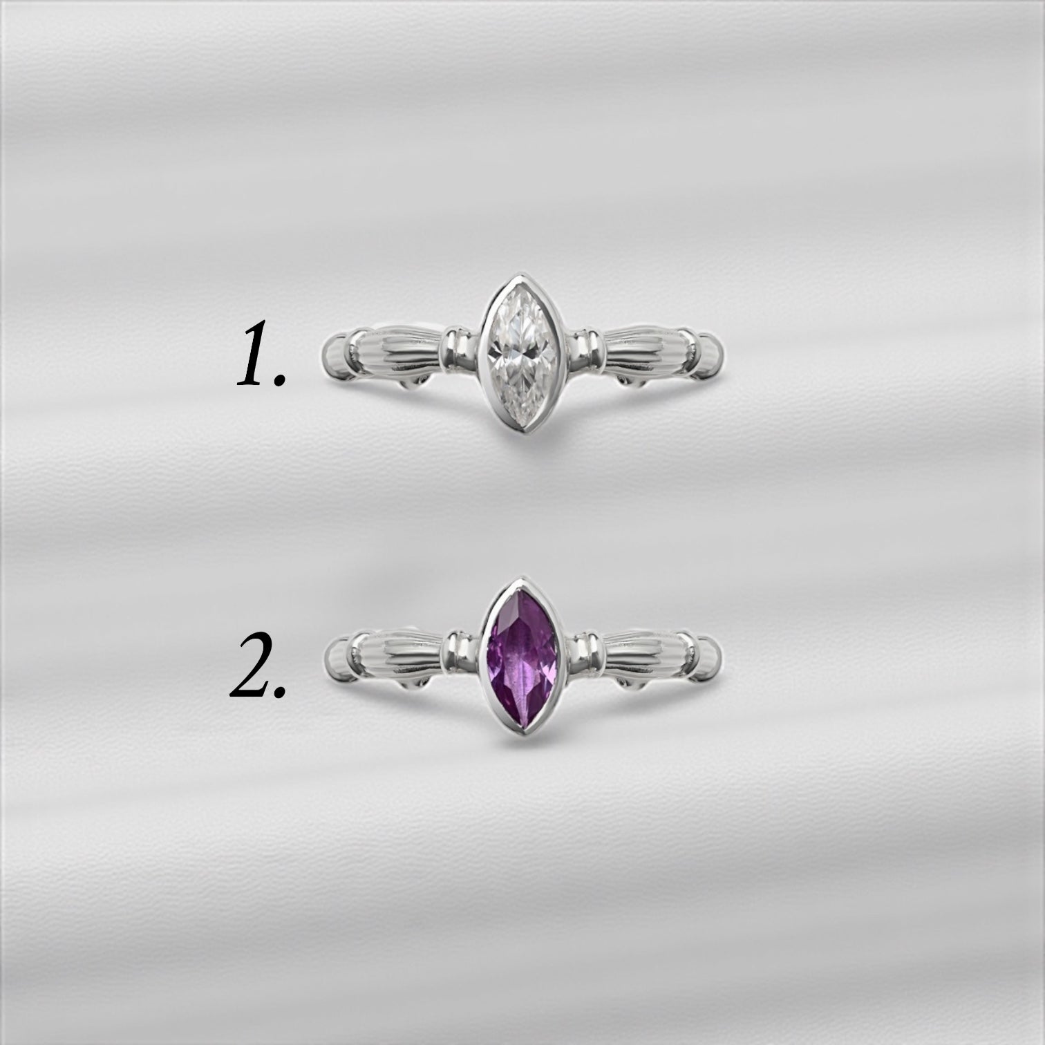 Silver Column Marquize Ring With 7x4mm Moisanite And Lab. Alexandrite