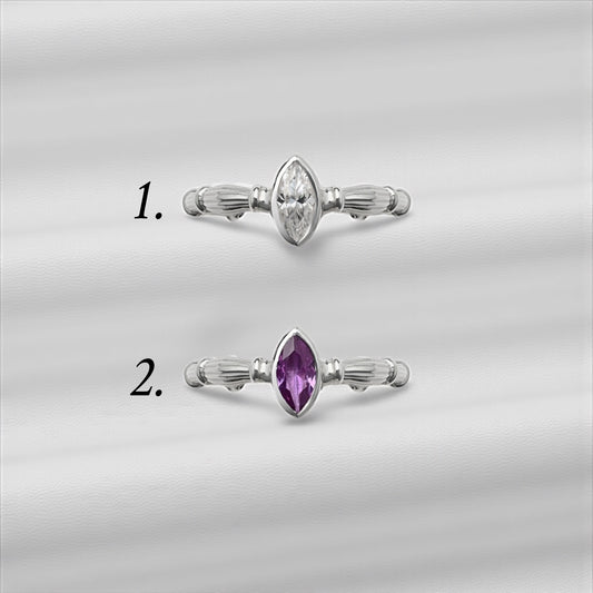 Silver Column Marquize Ring With 7x4mm Moisanite And Lab. Alexandrite