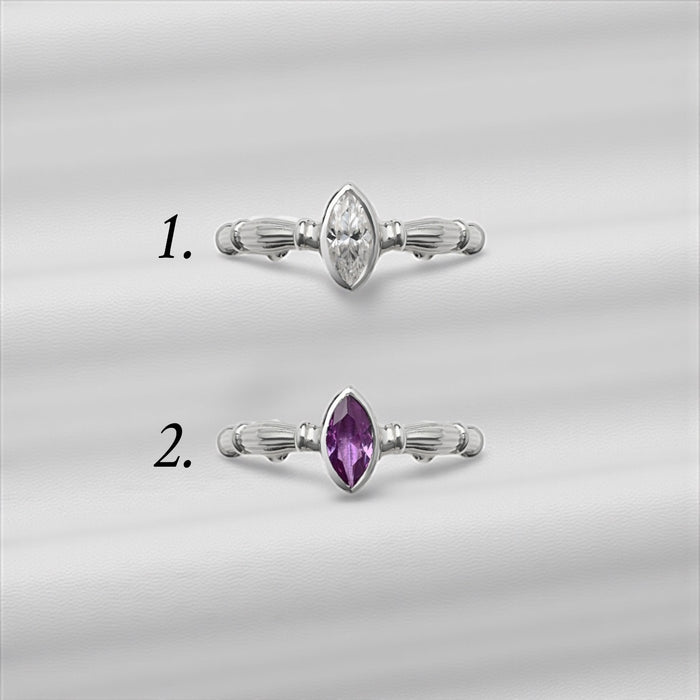 Silver Column Marquize Ring With 7x4mm Moisanite And Lab. Alexandrite