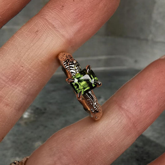 Rose Gold Leaf Ring With Green Sapphire