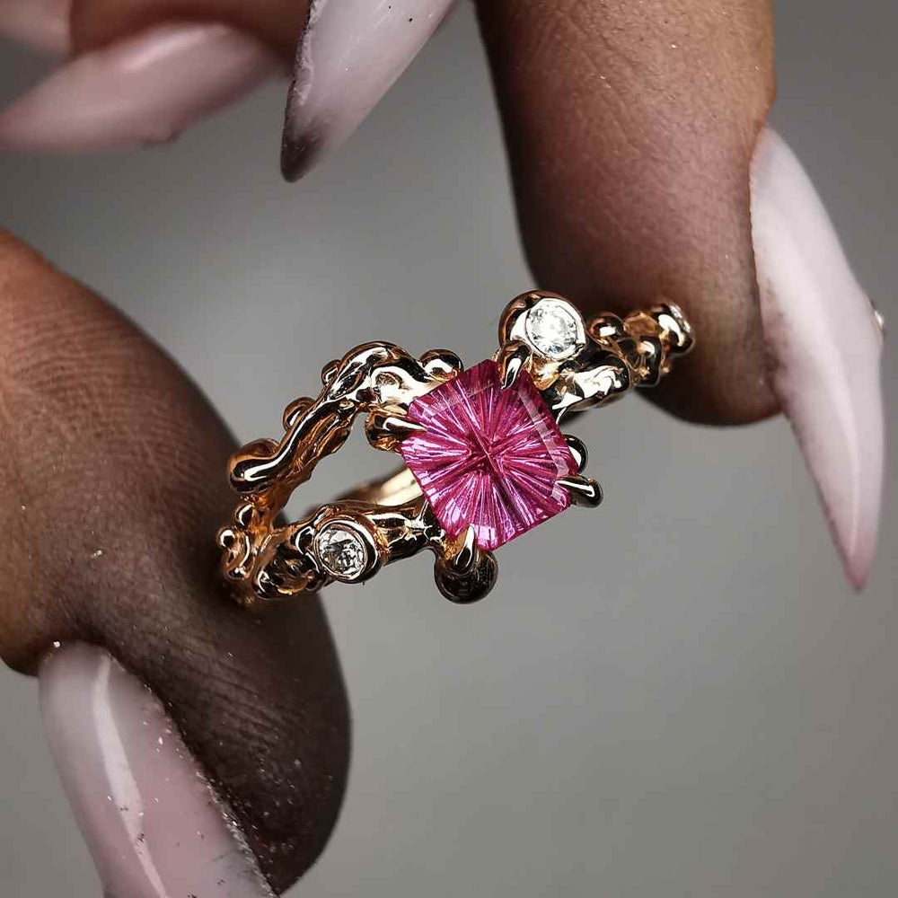 Rose Gold Signature Ring With Fancy Cut Sapphire & Natural Diamonds