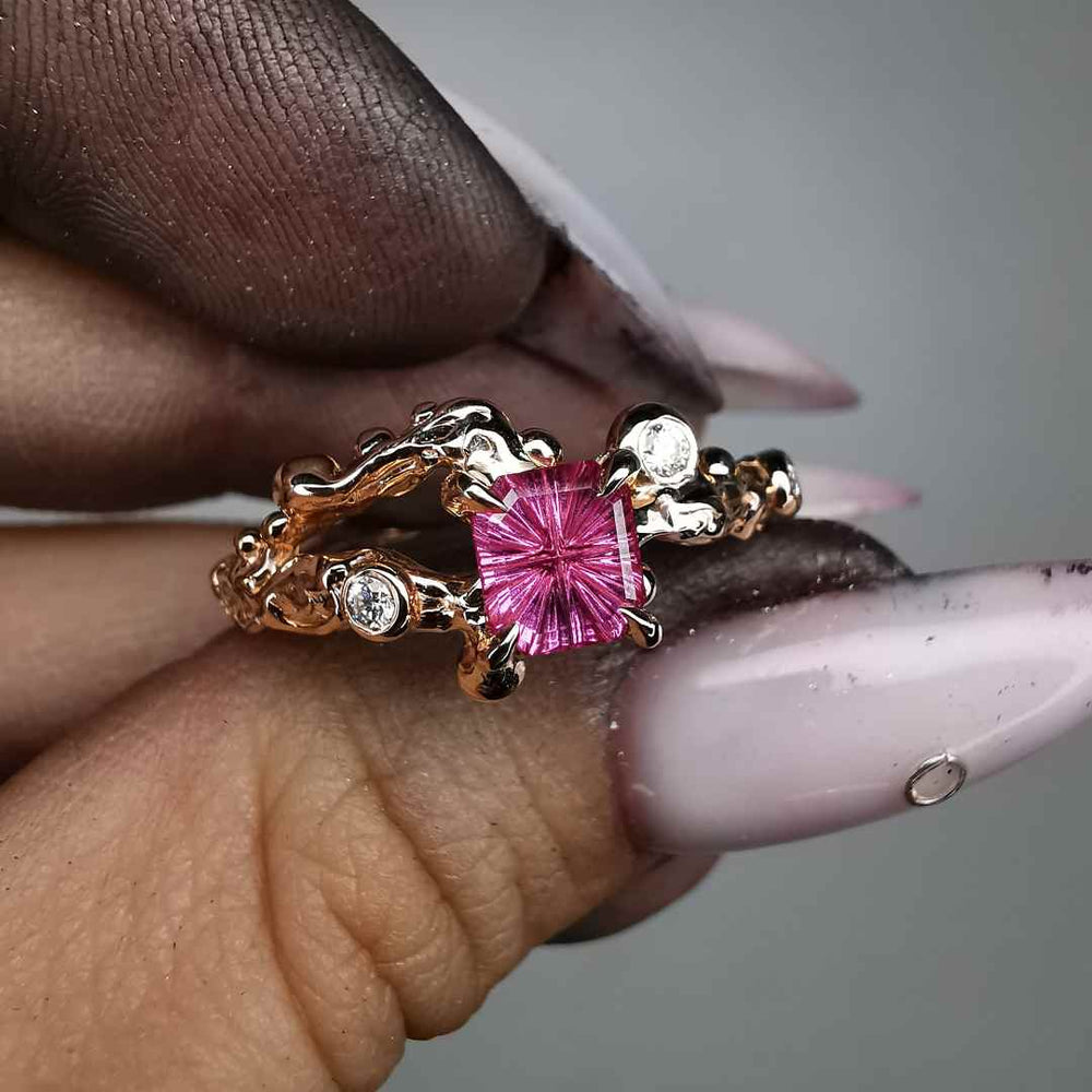 Rose Gold Signature Ring With Fancy Cut Sapphire & Natural Diamonds