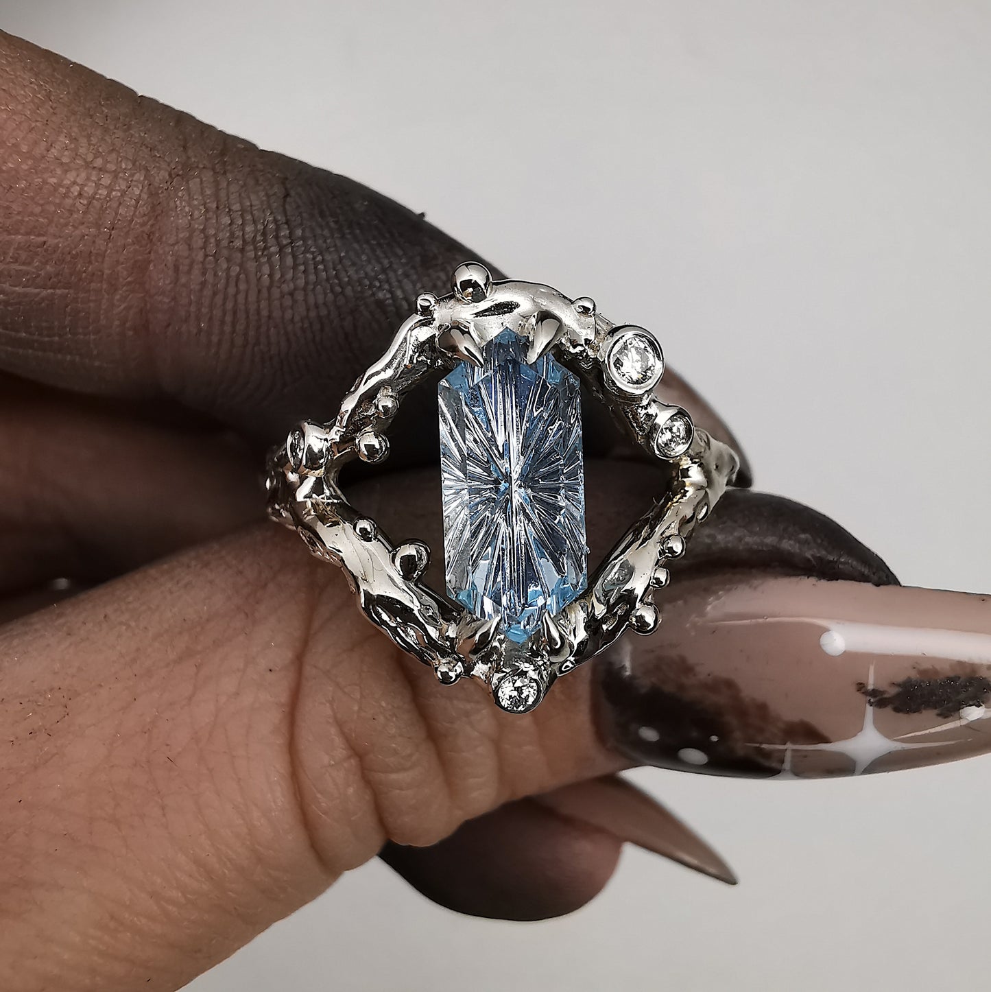 "Deeps Of The Ocean" White Gold  Ring With Fantasy Cut Aquamarine And Natural Diamonds