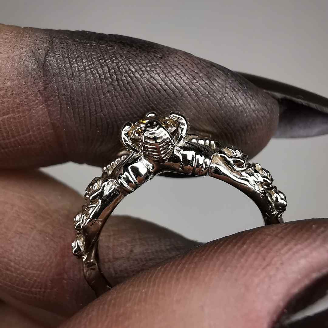 " Elfic Wings " White Gold Ring With Champagne / Cognac Diamond