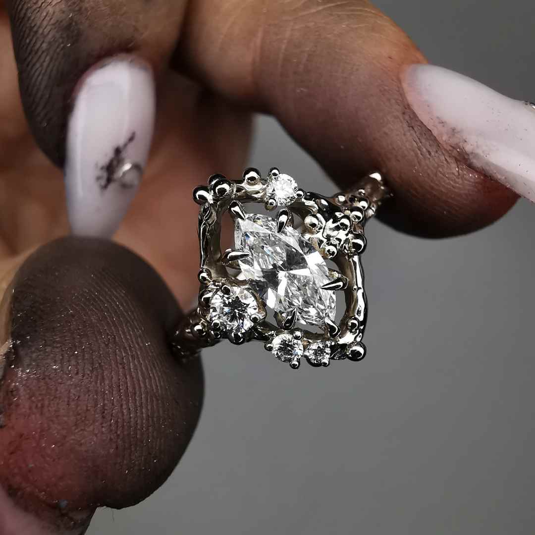 White Gold Signature Ring With Lab. Diamonds