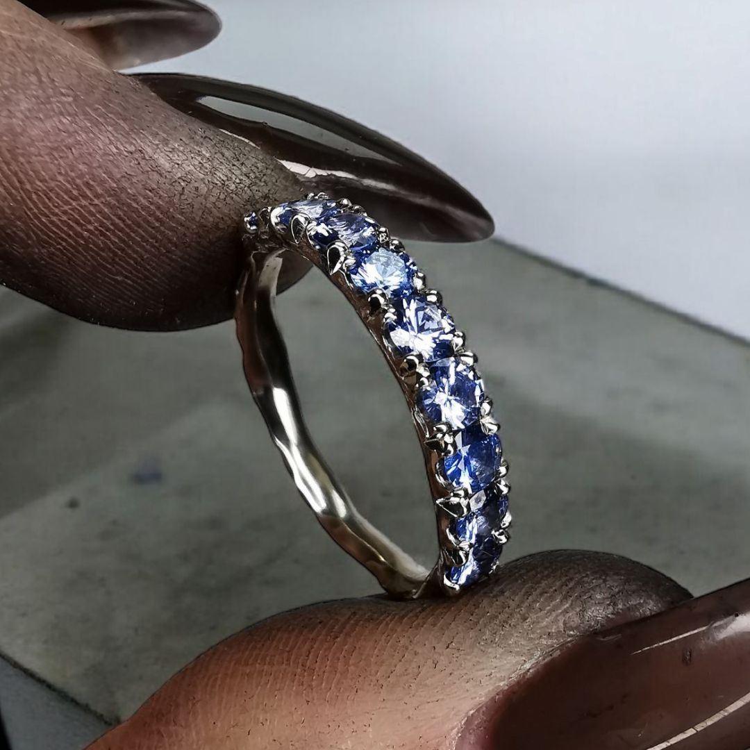 White Gold 1/2 Eternity Band Ring With Blue Sapphires