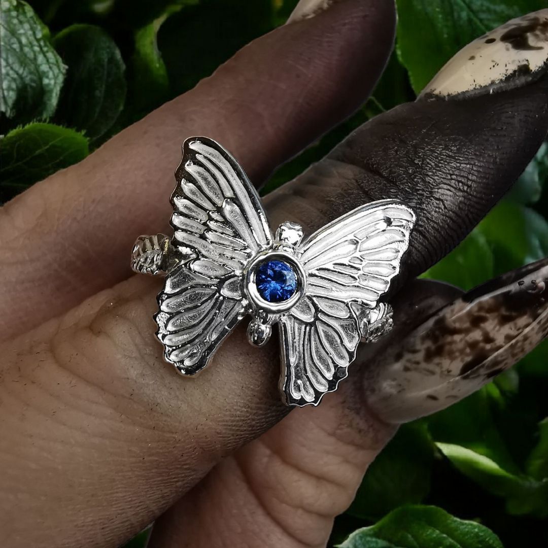 Silver Butterfly Ring With Blue Sapphire