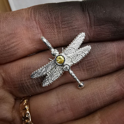 Silver Dragonfly Pendant With Sapphire & Lab. Moissanite