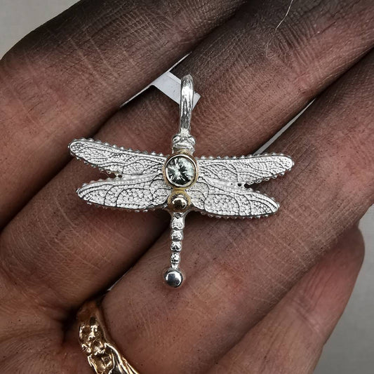 Silver Dragonfly With Sapphire & Rose Gold Drop