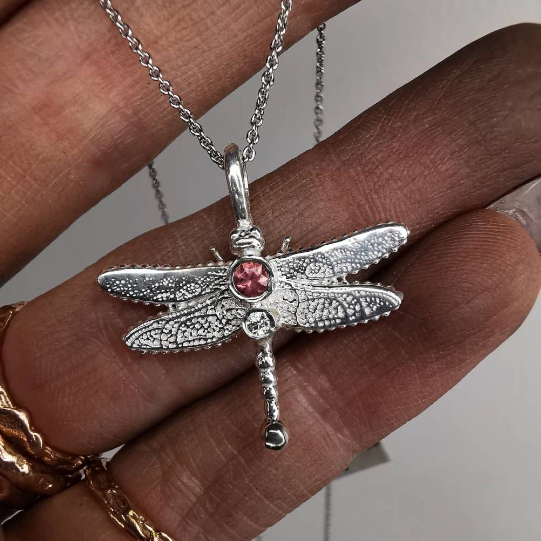 Silver Dragonfly With Sapphire &  Moissanite