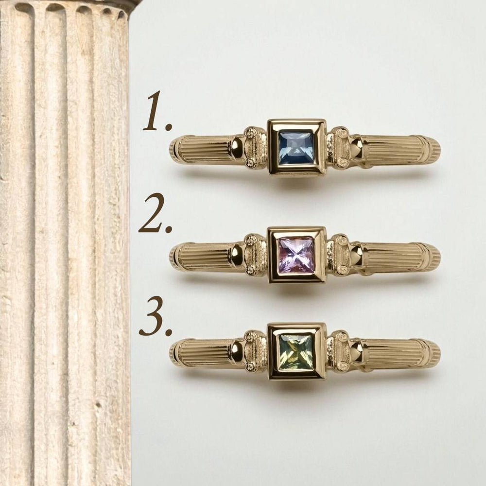 Yellow Gold Column Princess Ring With 3mm Sapphires