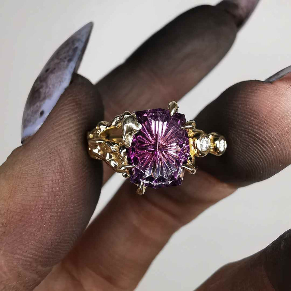 Yellow Gold Ring With Fantasy Cut Amethyst & Diamonds