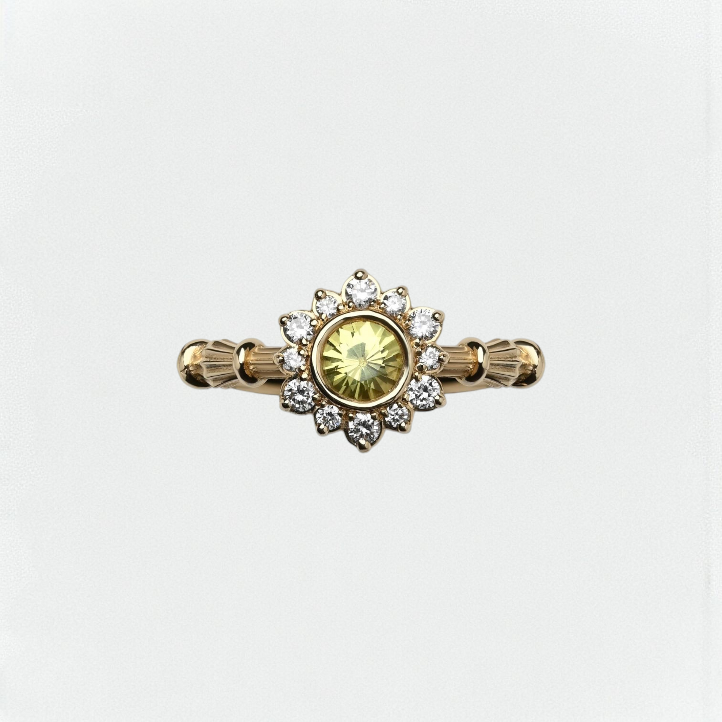 Column Flower Yellow Gold Ring With Sapphire & Lab. Diamonds