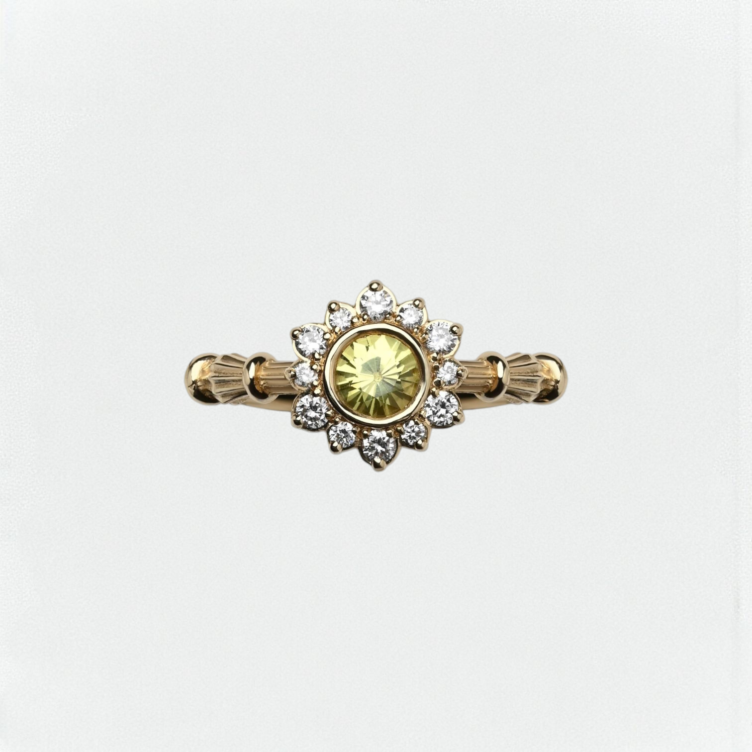 Column Flower Yellow Gold Ring With Sapphire & Lab. Diamonds