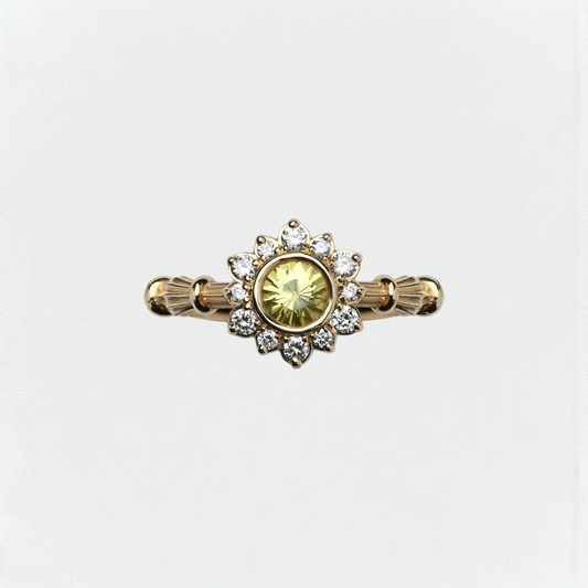 Column Flower Yellow Gold Ring With Sapphire & Lab. Diamonds