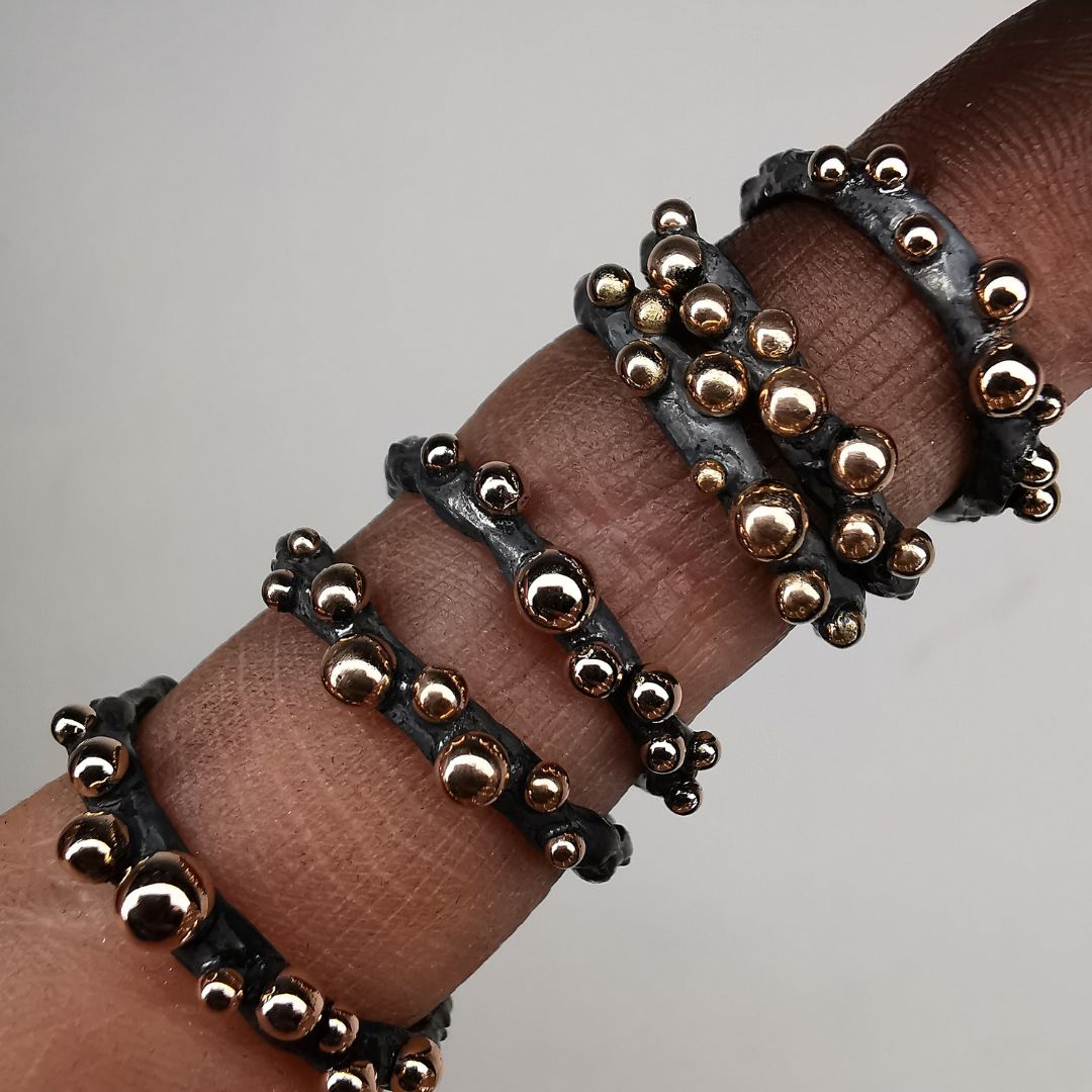 Oxidized Silver Ring With Rose Gold Drops