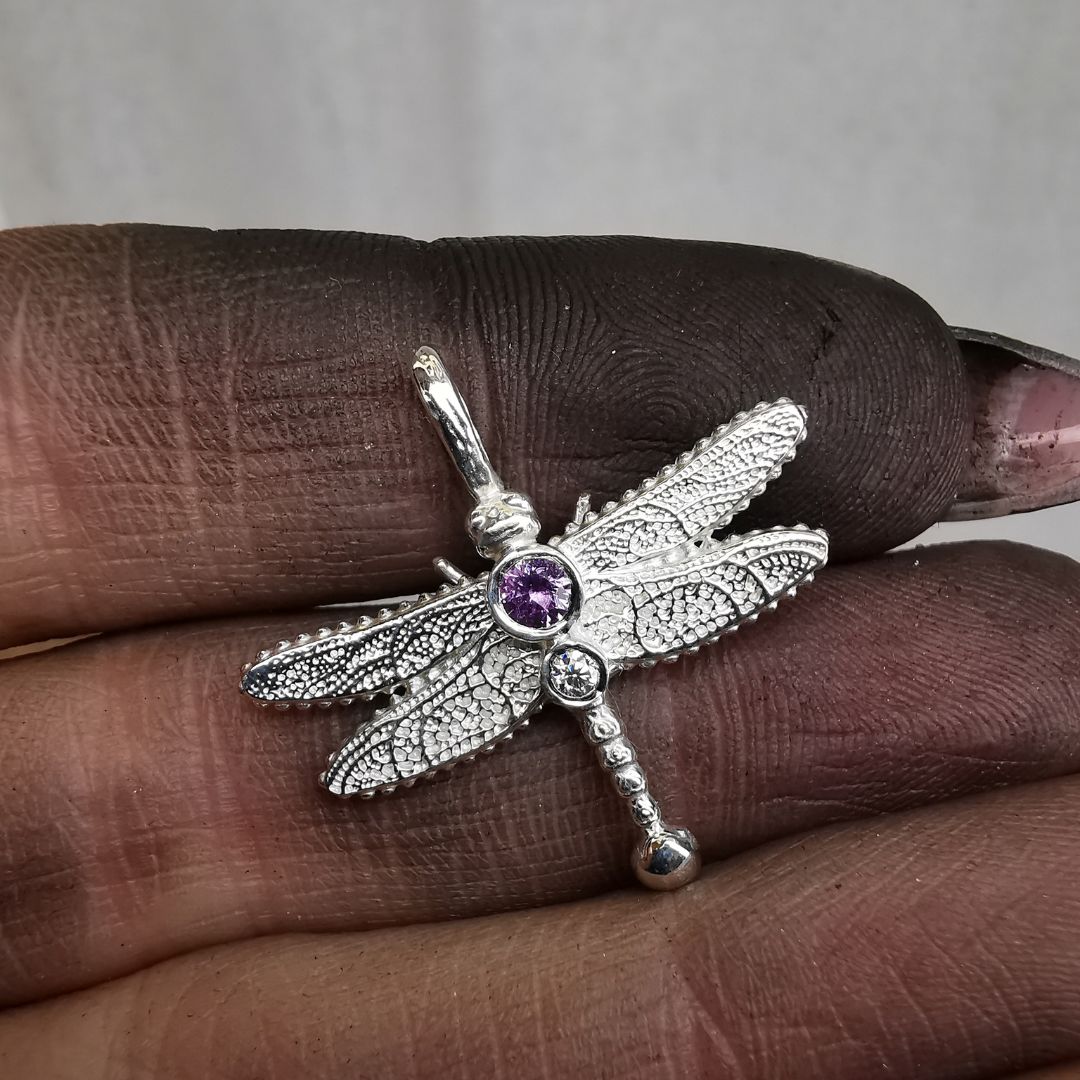 Silver Dragonfly With Different Stones & Lab. Moissanite