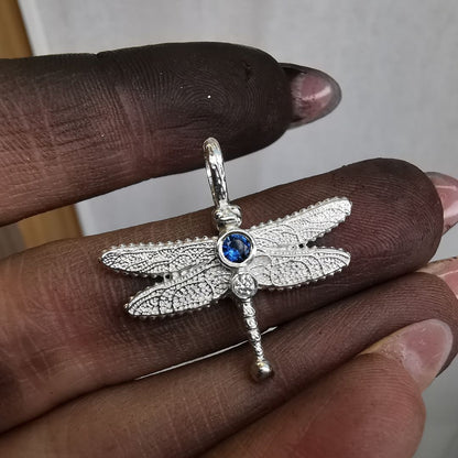 Silver Dragonfly Pendant With Sapphire & Lab. Moissanite