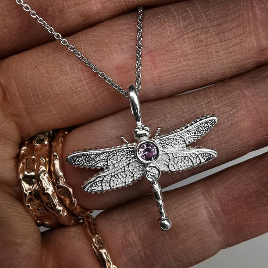 Silver Dragonfly With Corundum &  Moissanite