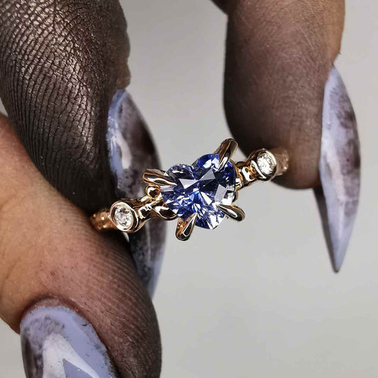 Rose Gold Ring With Blue Heart Sapphire & Diamonds