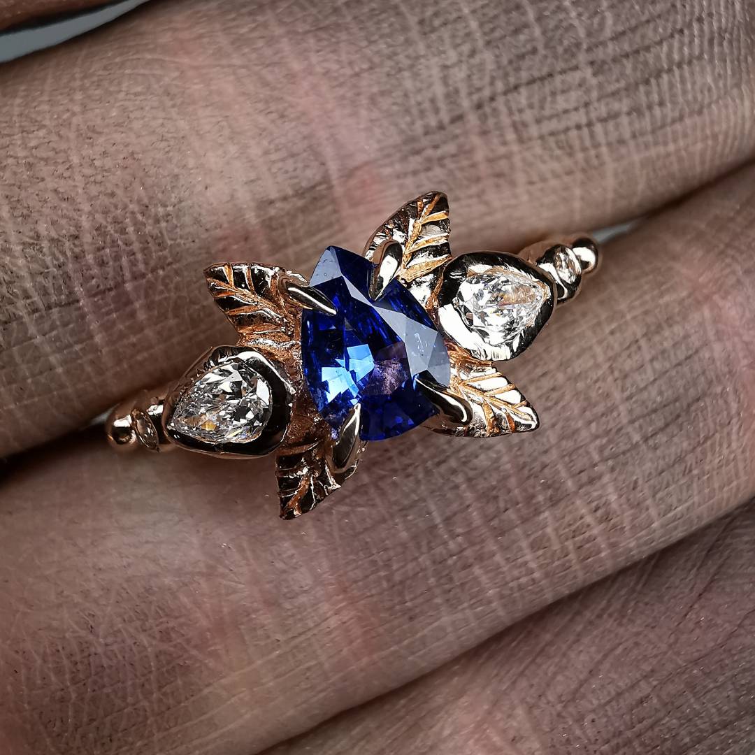 Forest Flower Rose Gold Ring With Sapphire & Diamonds