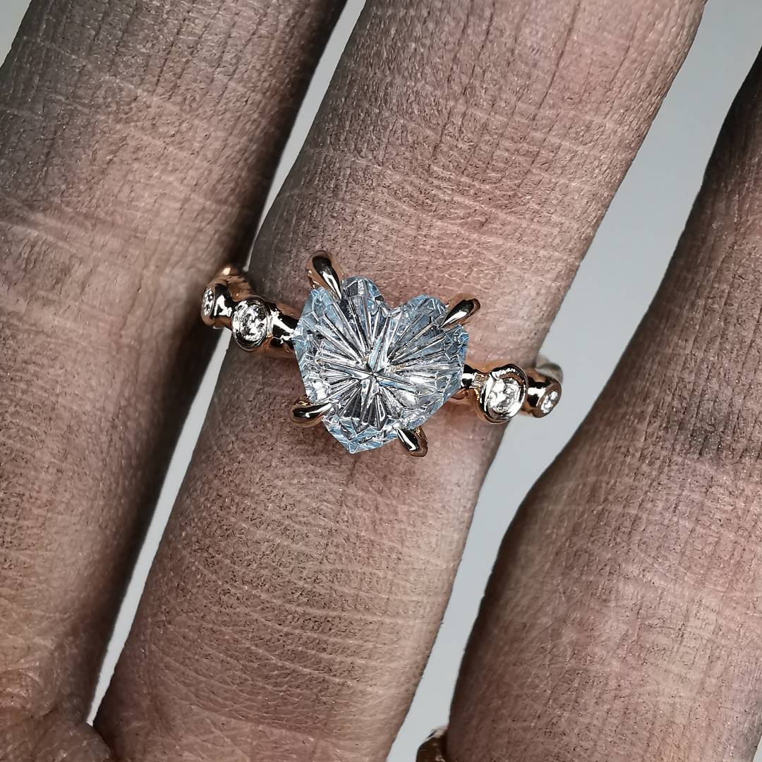 Rose Gold Signature Ring With Aquamarine and 2mm Natural Diamonds
