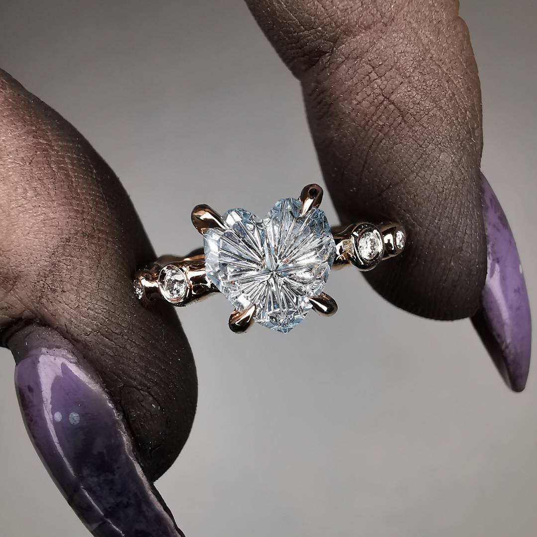 Rose Gold Signature Ring With Aquamarine and 2mm Natural Diamonds
