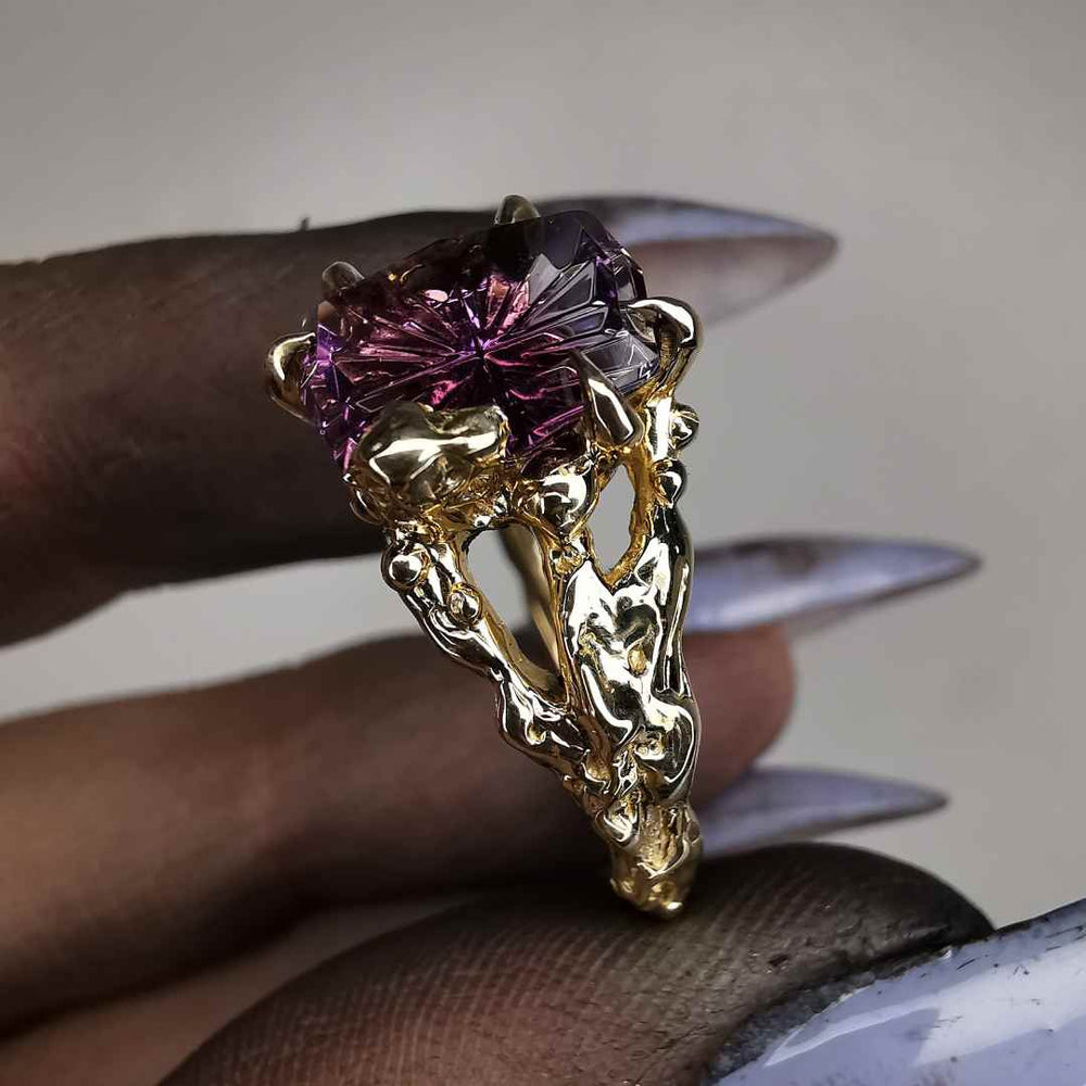 Yellow Gold Ring With Fantasy Cut Amethyst & Diamonds