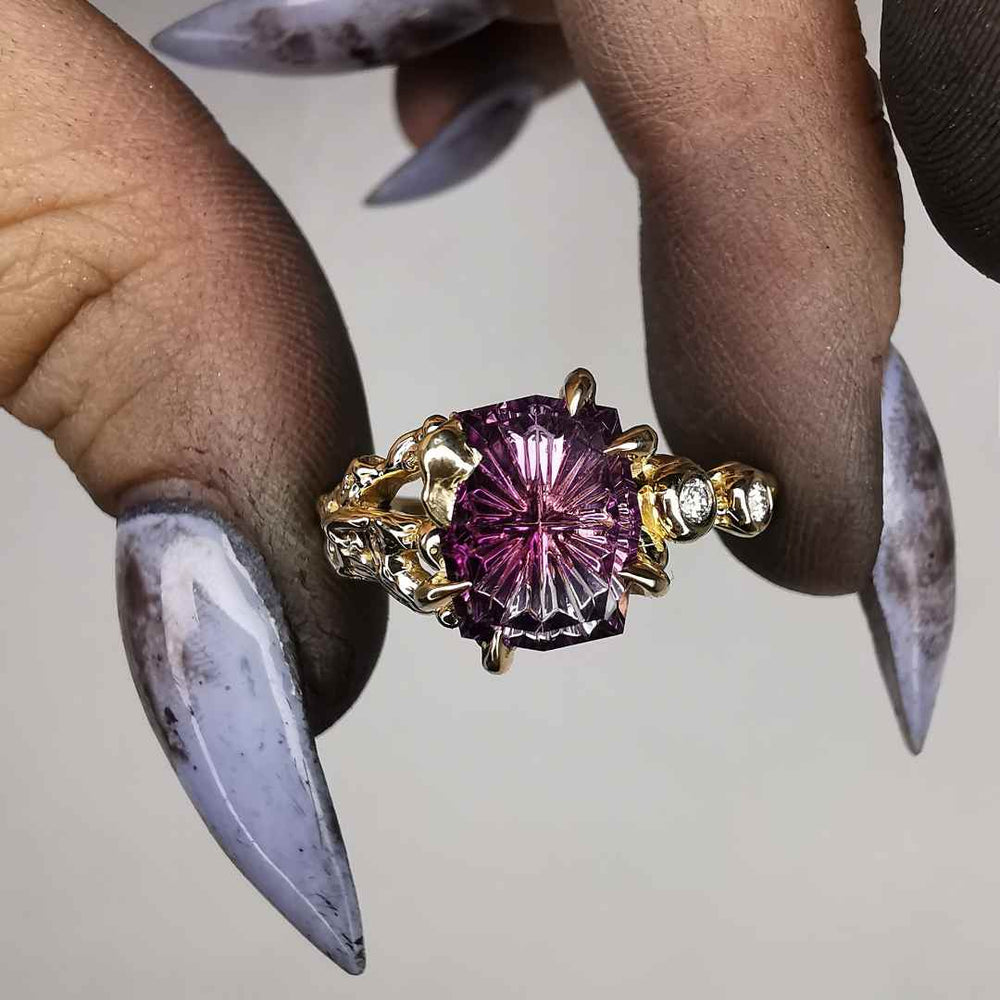 Yellow Gold Ring With Fantasy Cut Amethyst & Diamonds