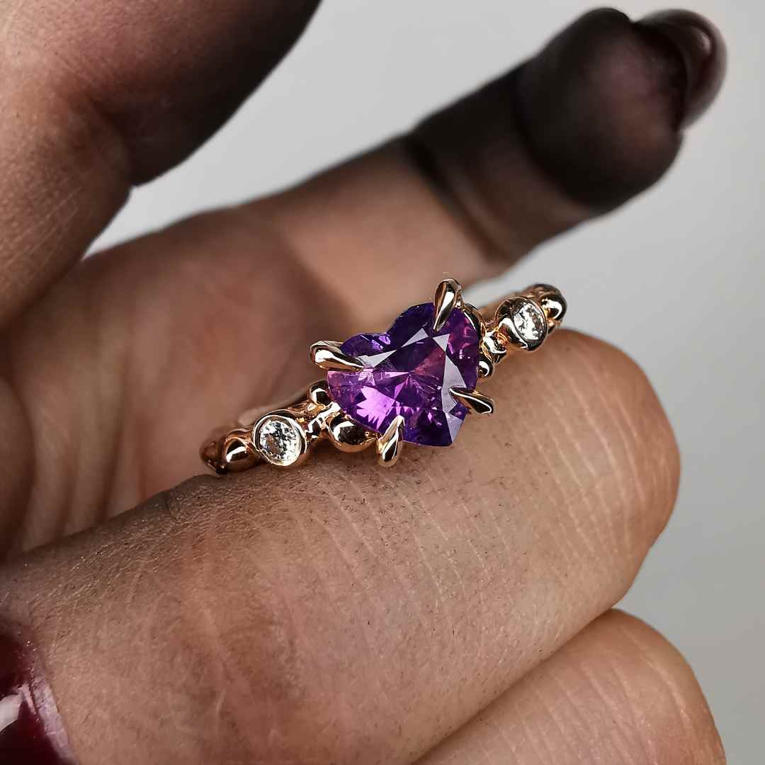 Rose Gold Signature Ring With Purple Heart Sapphire And 2mm Natural Diamonds