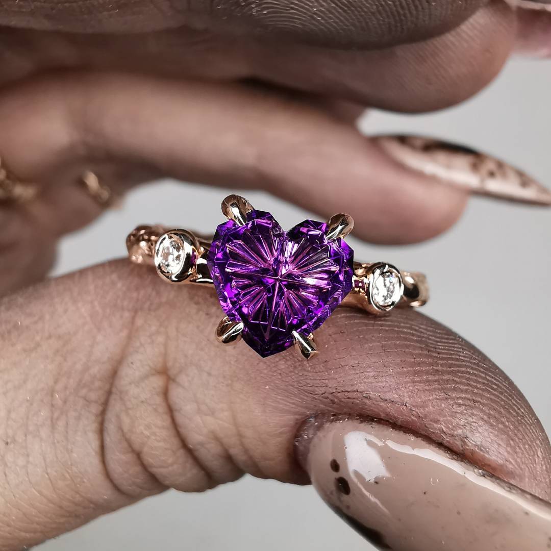 Rose Gold Signature Ring With Arizona Amethyst and 2mm Natural Diamonds