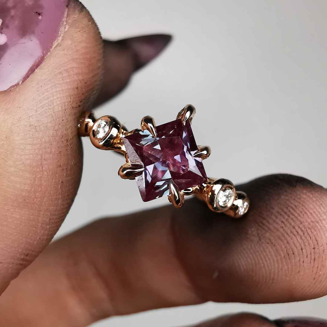 Rose Gold Ring With Lab. Alexandrite & Diamonds