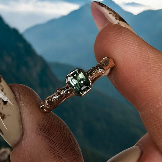 Rose Gold Branch Ring With Green Sapphire