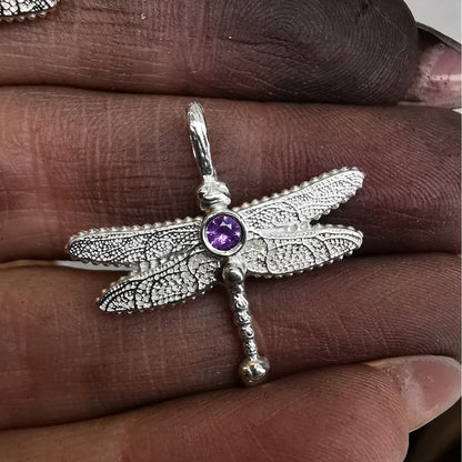 Silver Dragonfly Pendant With Sapphire