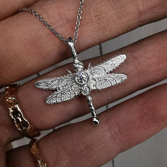 Silver Dragonfly With Moissanites