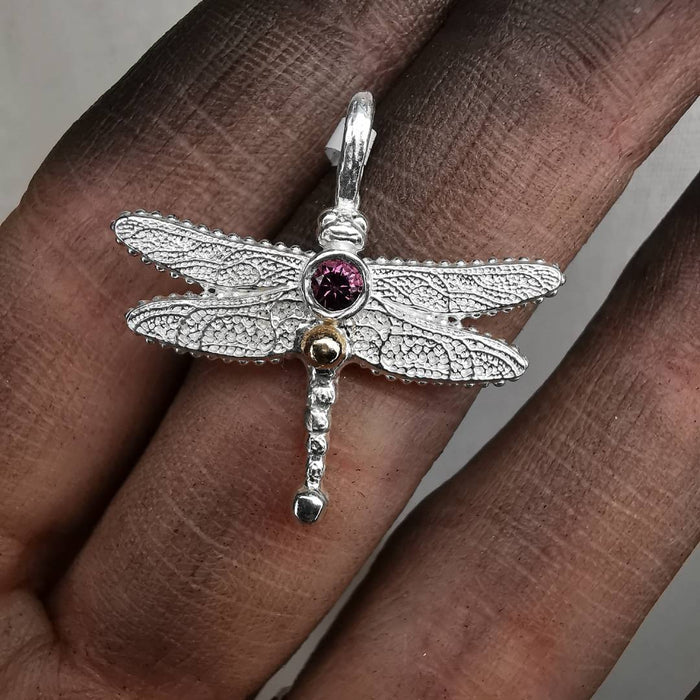 Silver Dragonfly With Spinel And Gold Drop
