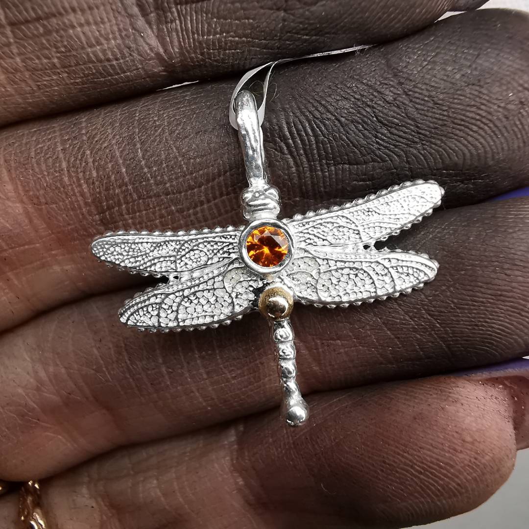 Silver Dragonfly With Sapphire & Rose Gold Drop