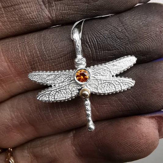 Silver Dragonfly With Sapphire & Rose Gold Drop
